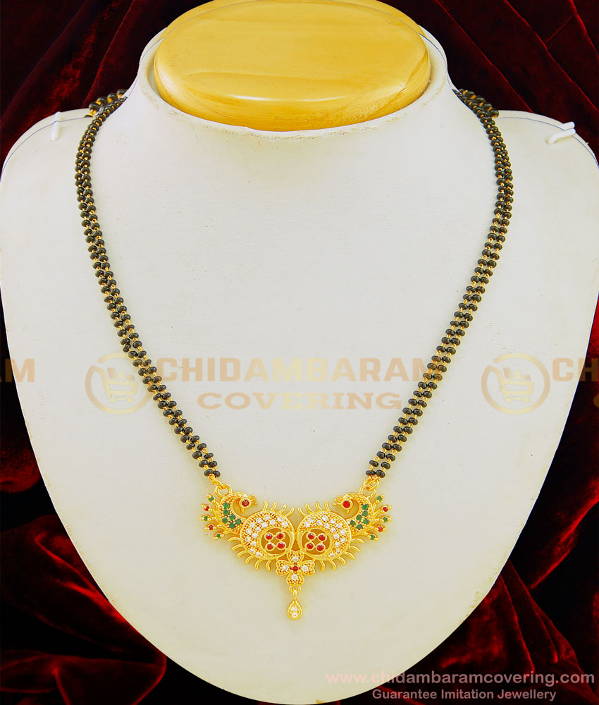 SHN051 - New Daily Wear Multi Stone Peacock Pendant Two Line Mini Kali Poth Mangalsutra for Women