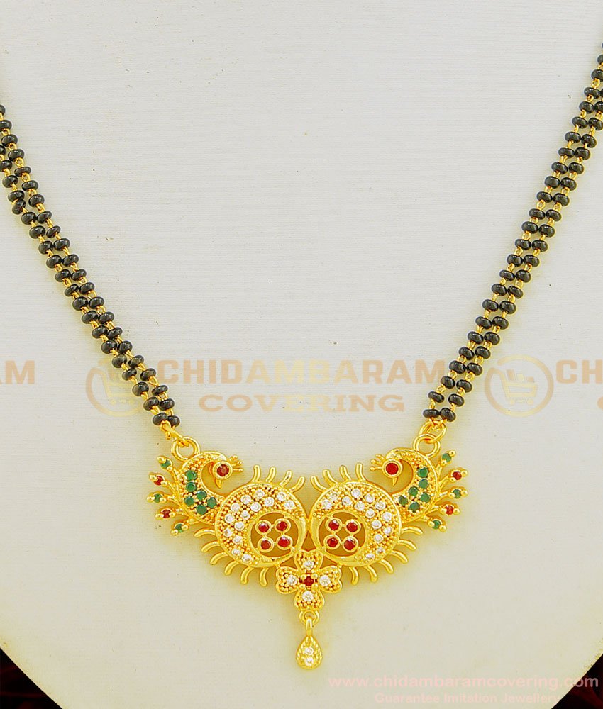 SHN051 - New Daily Wear Multi Stone Peacock Pendant Two Line Mini Kali Poth Mangalsutra for Women