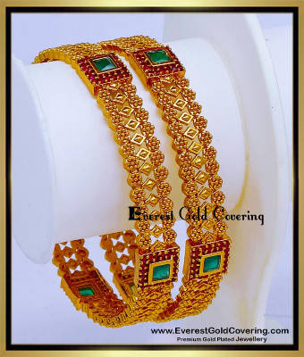 BNG1014 -2.6 Latest Ruby Emerald Modern Antique Gold Bangles Designs