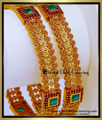BNG1014 -2.6 Latest Ruby Emerald Modern Antique Gold Bangles Designs
