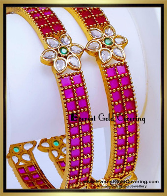 BNG1016 -2.8 High Quality Floral Design Ruby and American Diamond Bangles
