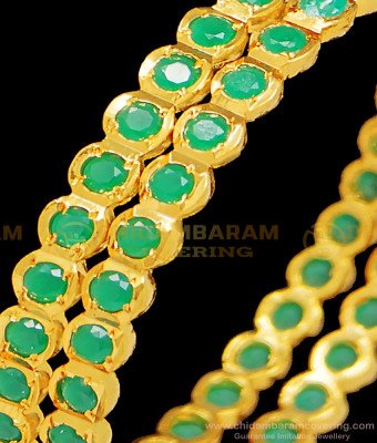 BNG397 - 2.8 Size Traditional Impon First Quality Full Green Emerald Stone Gold Bangles Design Online