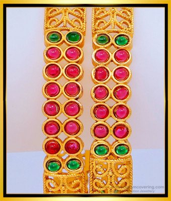 BNG468 -2.8 Size Unique Green and Pink Stone Party Wear Temple Bangles for Women   
