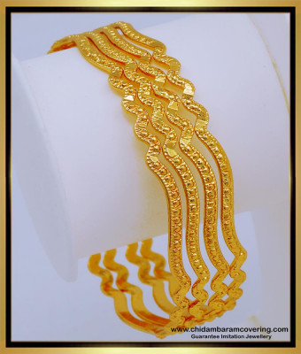Bng569 - 2.4 Size One Gram Gold Light Weight Daily Wear Curvy Shape Bangles Set 