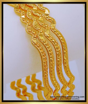 Bng569 - 2.4 Size One Gram Gold Light Weight Daily Wear Curvy Shape Bangles Set 