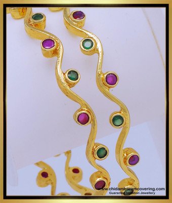 BNG605 - 2.6 Size Unique One Gram Gold Ruby Emerald Stone Thin Curvy Bangles for Girls