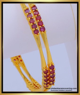 BNG606 - 2.8 Size Simple Light Weight Ruby Stone Gold Covering Party Wear Bangles Online
