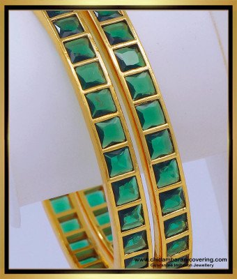 BNG609 - 2.8 Size Precious Impon Green Emerald Gold Bangles Designs for Women