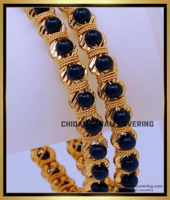BNG683 - 2.6 Size One Gram Gold Plated Black Beads Bangles Design