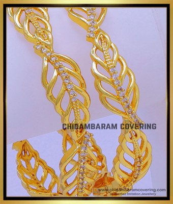 BNG730 - 2.10 Size Unique Leaf Design White Stone Gold Plated Bangles 