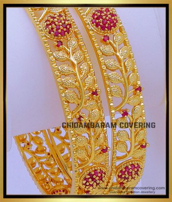 BNG733 - 2.8 Size Gold Look Leaf Model Ruby Stone Bangles Design Buy Online