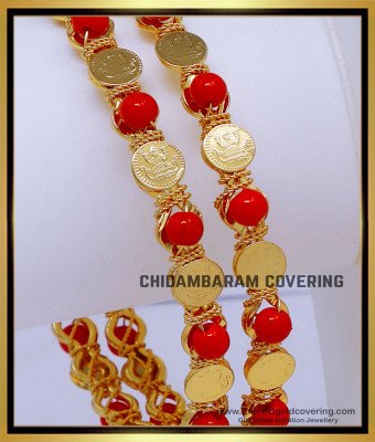 BNG863 - 2.8 Latest Gold Plated Red Coral And Lakshmi Coin Bangles
