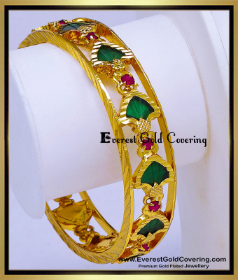 BNG936 - 2.6 Size Traditional Ruby Stone Green Palakka Kerala Bangle