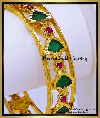 BNG936 - 2.6 Size Traditional Ruby Stone Green Palakka Kerala Bangle