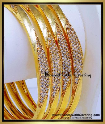BNG991 - 2.8 Modern Trendy White Stone Twisted Gold Bangle Design