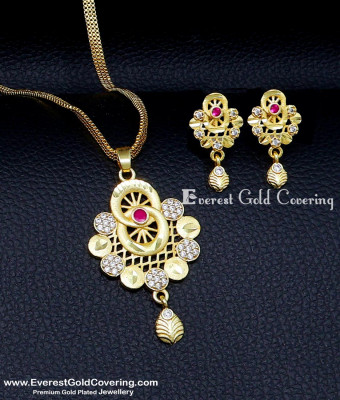 DCHN344 - 1 Gram Gold Modern Gold Pendant Set with Earrings
