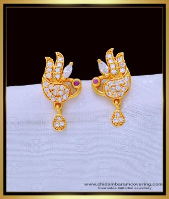ERG1322 - Elegant Gold Pattern Peacock Design Party Wear White Stone Stud Earrings for Girls