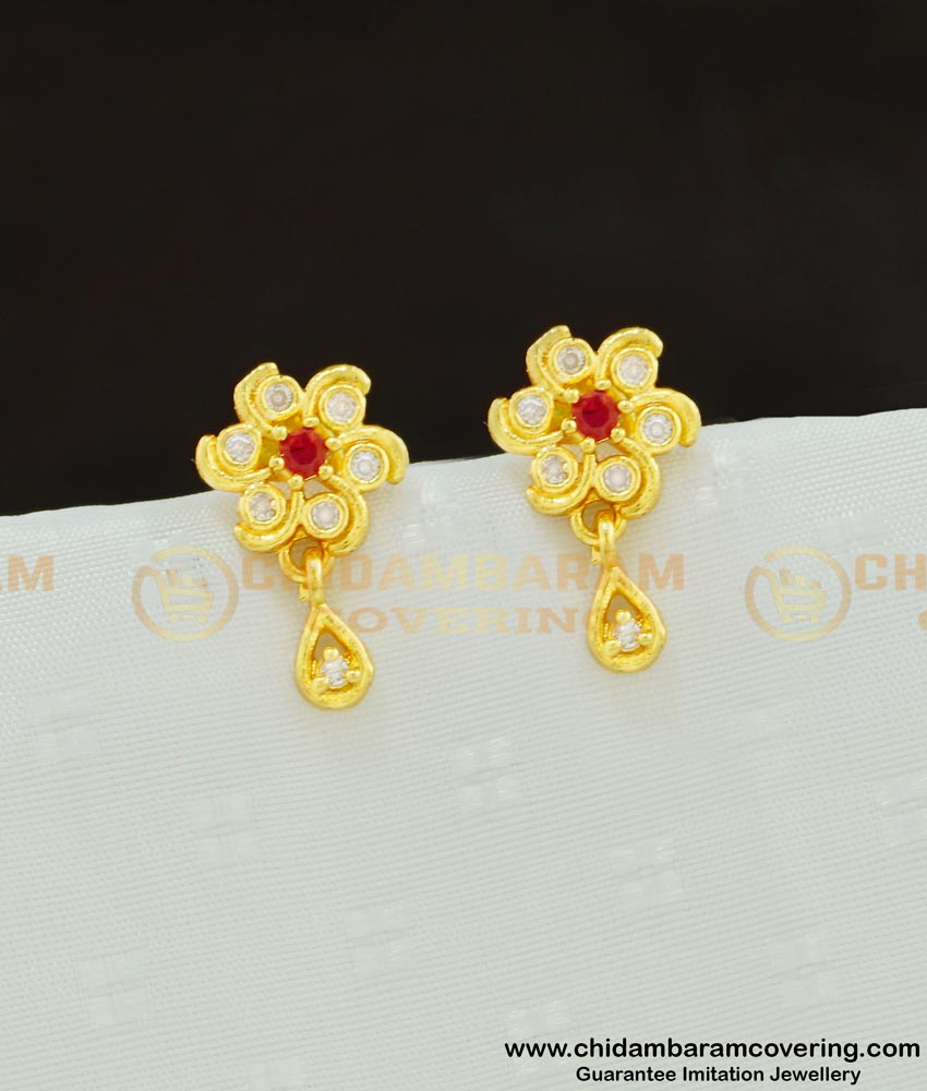 ERG591 - Cute Small Flower Design White and Ruby Stone Stud Earrings for Girls