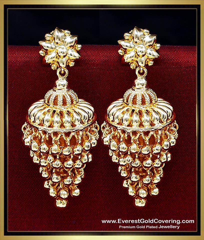 jhumka design gold earrings, traditional jhumkas online, 1 gram gold earrings online, gold plated jhumka earrings, jimikki kammal designs, bridal jhumkas online shoppin