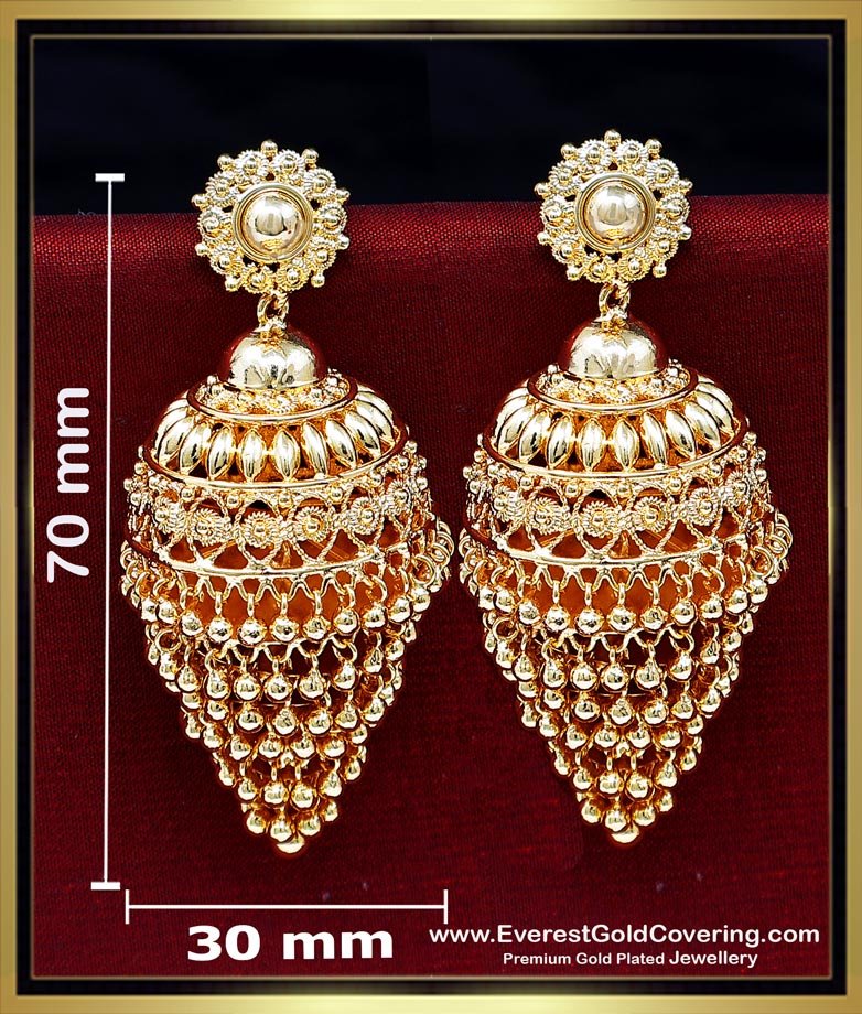 jhumka design gold earrings, traditional jhumkas online, 1 gram gold earrings online, gold plated jhumka earrings, jimikki kammal designs, bridal jhumkas online shoppin