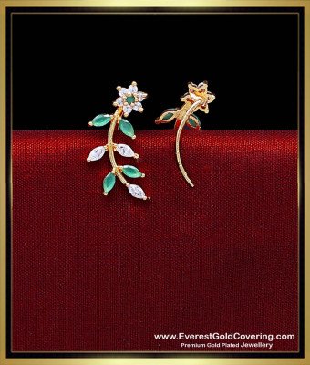 ERG2596 - Latest Leaf Design White and Green Gold Ear Cuff Earrings