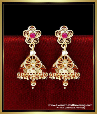 ERG2624 - Gold Plated Ruby Stone Kerala Style Jimikki Kammal Model