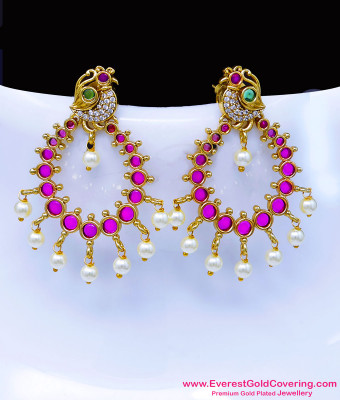 ERG2643 - Beautiful Peacock Design Ruby Pearl Drop Earrings