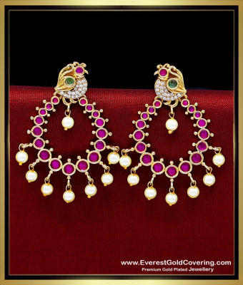ERG2643 - Beautiful Peacock Design Ruby Pearl Drop Earrings