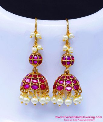 ERG2646 - Trendy Premium Kemp Ruby Stone Pearl Jhumkas Online