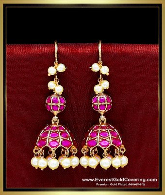 ERG2646 - Trendy Premium Kemp Ruby Stone Pearl Jhumkas Online