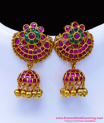 ERG2647 - South Indian Matte Finish Kemp Stone Jhumkas Earrings