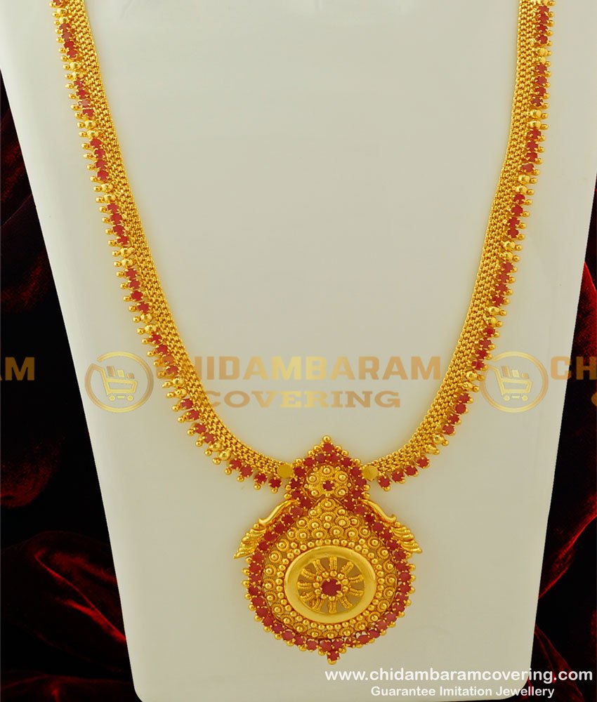 HRM257 - Wedding Gold Haram Design Gold Covering Ruby Stone Long Haram Buy Online