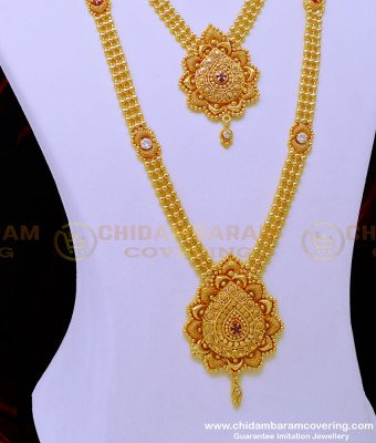 HRM758 - Elegant Bridal Wear White with Ruby Stone One Gram Gold Necklace Haram Set 