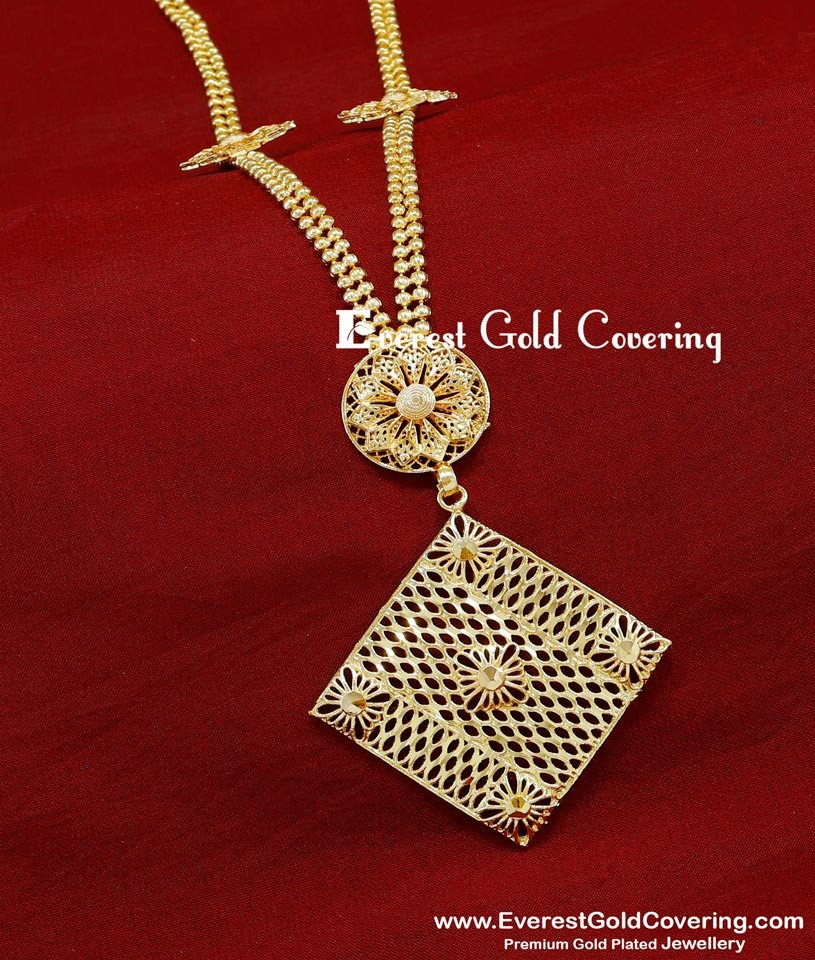 traditional jewellery set for wedding, chidambaram gold covering, long haram new model gold haram designs, rani haar design latest, yellow gold haram designs, long haram designs gold latest, gold plated haram design