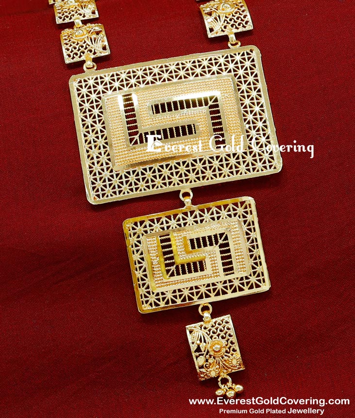 traditional jewellery set for wedding, chidambaram gold covering, long haram new model gold haram designs, rani haar design latest, yellow gold haram designs, long haram designs gold latest, gold plated haram design