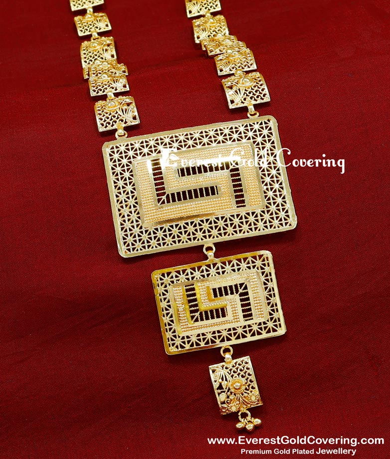 traditional jewellery set for wedding, chidambaram gold covering, long haram new model gold haram designs, rani haar design latest, yellow gold haram designs, long haram designs gold latest, gold plated haram design