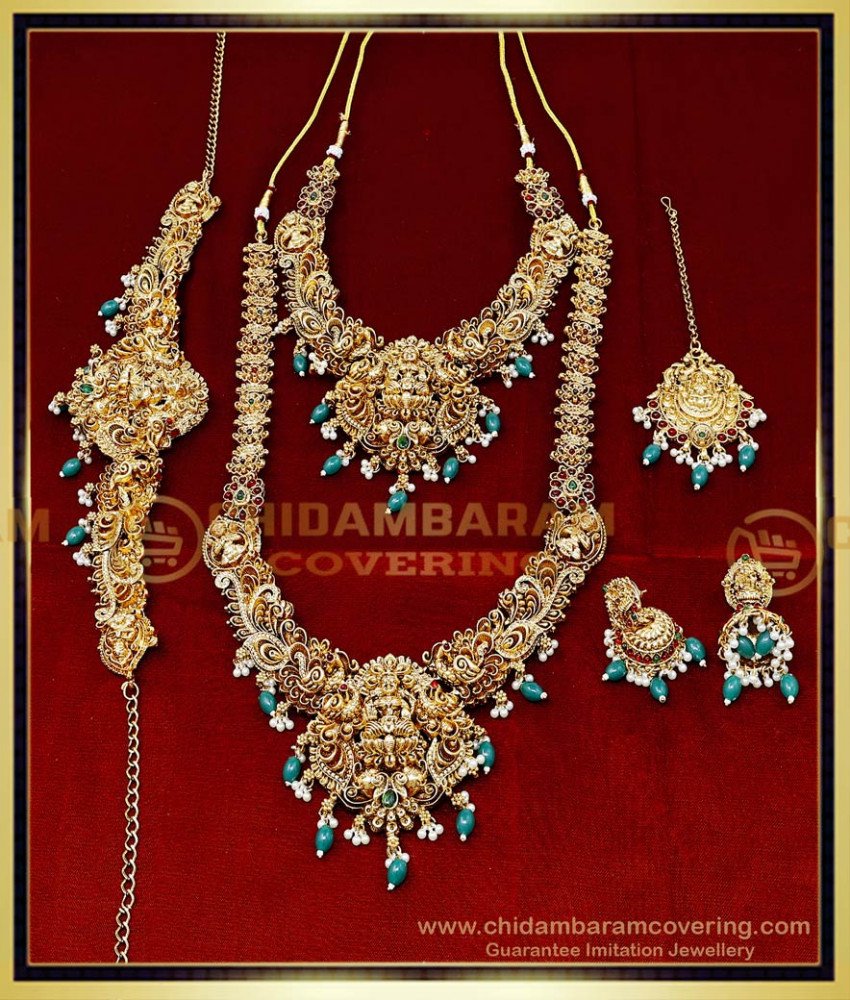 Bridal Jewellery Lakshmi Pendant Green Beads Haram