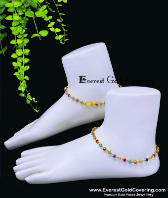 ANK163 - 9 Inch Trendy Gold Plated Multi Colour Crystal Beads Anklet Design