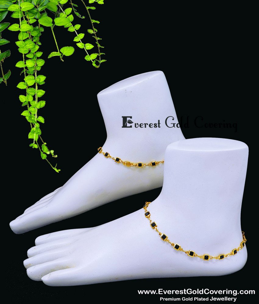 Latest Gold Plated Black Stone Anklet Design Online