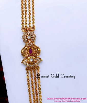 MCHN681 - Antique Side Pendant Chandra Haram 4 Line Mugappu Chain