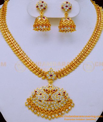 NLC1067 - Traditional Bridal Wear Swan Design Impon Attigai with Stone Jhumkas Necklace Set