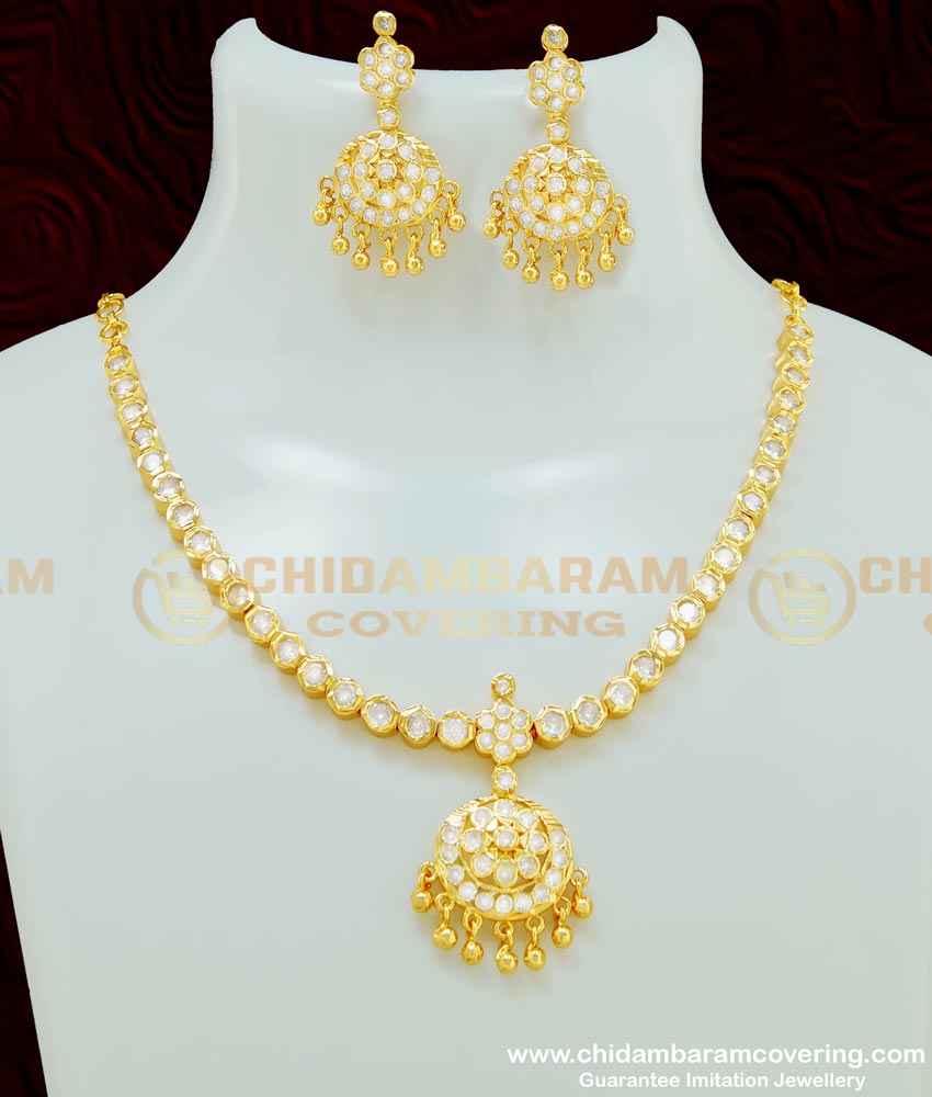 NLC407 - Traditional Gold Design Impon Full White Stone Attigai With Earring Set for Marriage 