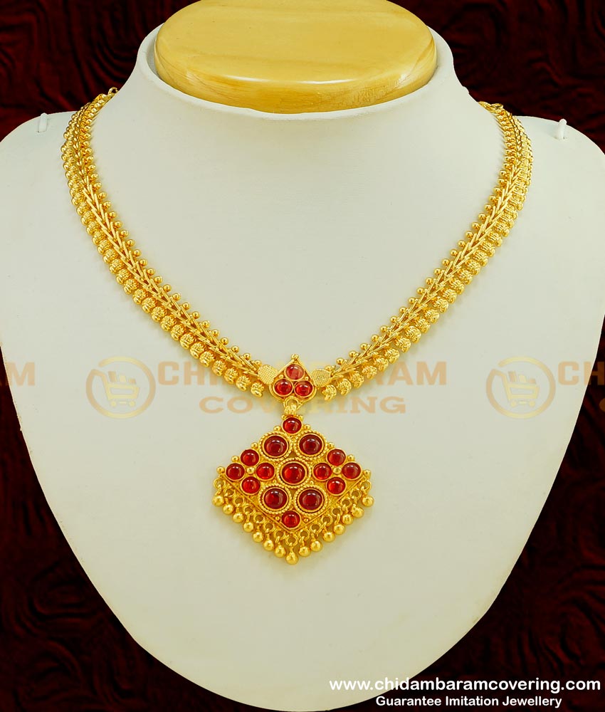 NLC410 - Latest Collection Impon Gold Finish Mango Design Ruby Stone Attigai Necklace Indian Bridal Jewellery