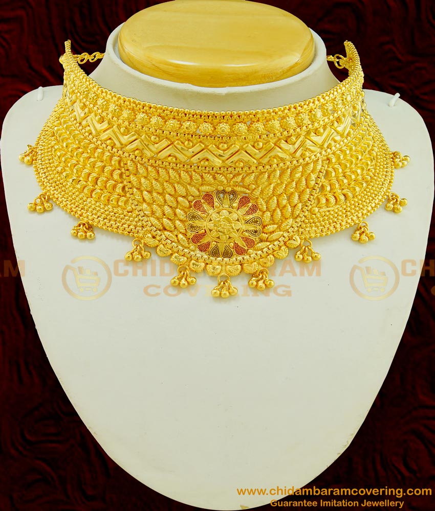 NLC494 - Bridal Wear One Gram Gold Enamel Flower Design Choker Necklace Indian Wedding Jewellery  