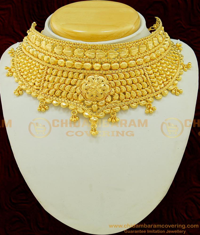 NLC519 - Latest Marriage Gold Choker Necklace Design Gold Plated Choker Necklace Online 