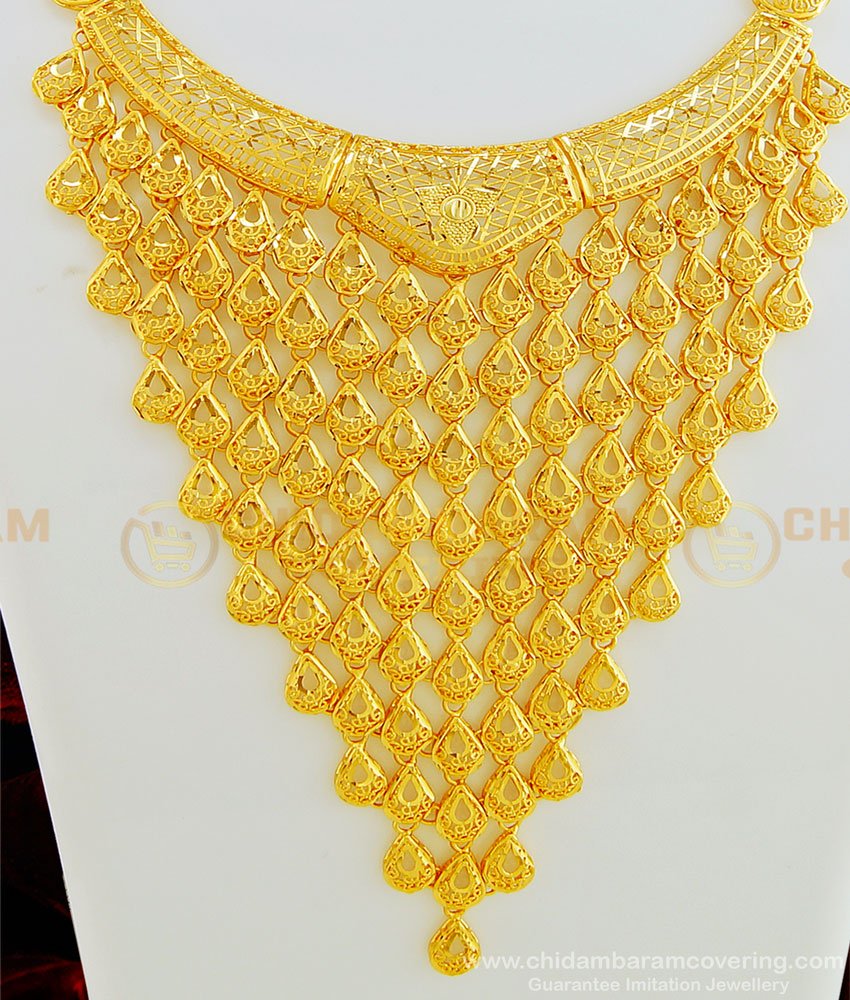NLC607 - Dubai Gold Jewellery Real Gold Design Grand Look Full Covered Broad Necklace with Earring for Wedding