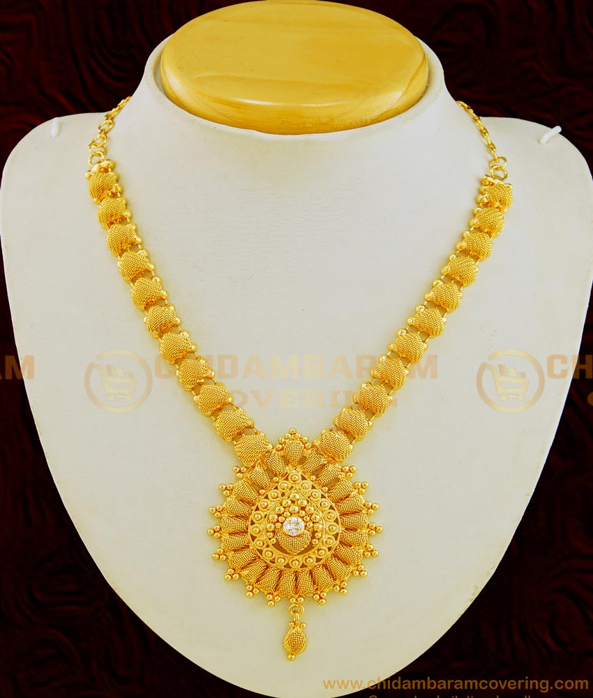 NLC641 - Kerala Style Net Design White Stone Jewellery Gold Covering Necklace 