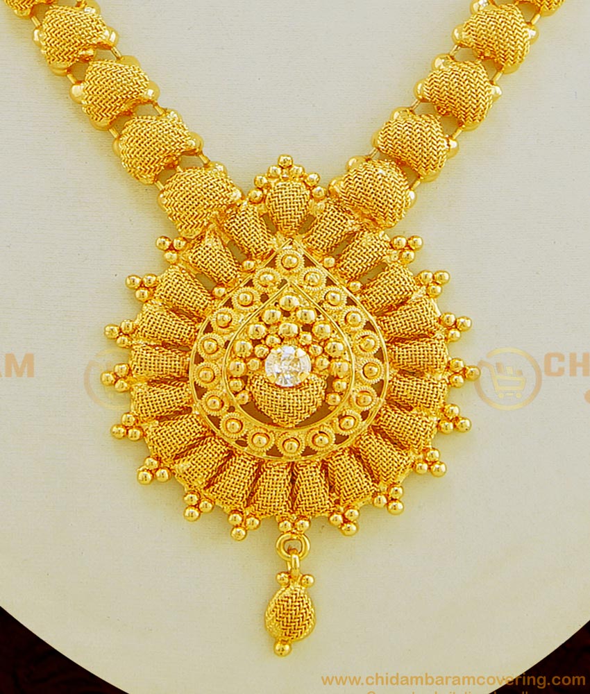 NLC641 - Kerala Style Net Design White Stone Jewellery Gold Covering Necklace 
