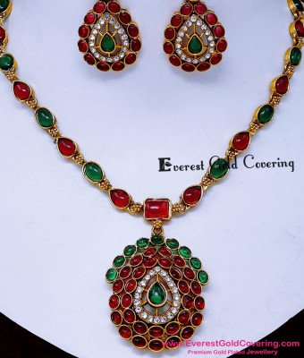 NLC1750 - Attigai Ruby Emerald Kemp Stone Antique Necklace