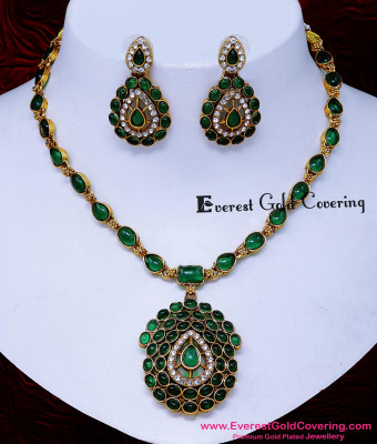 NLC1751 - Latest Kemp Stone Emerald Antique Attigai Necklace